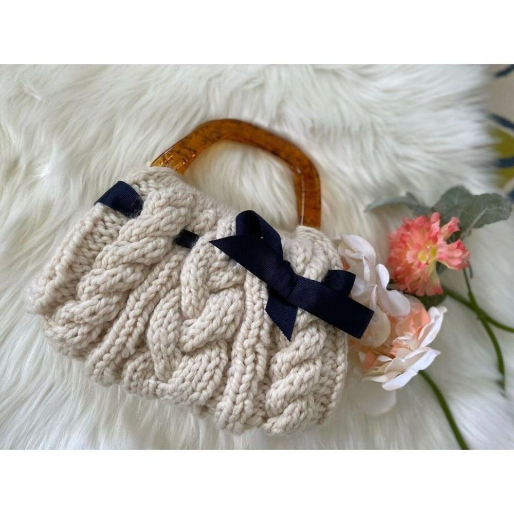 Vtg Cable Knit‎ Handmade Handbag Acrylic Handles
